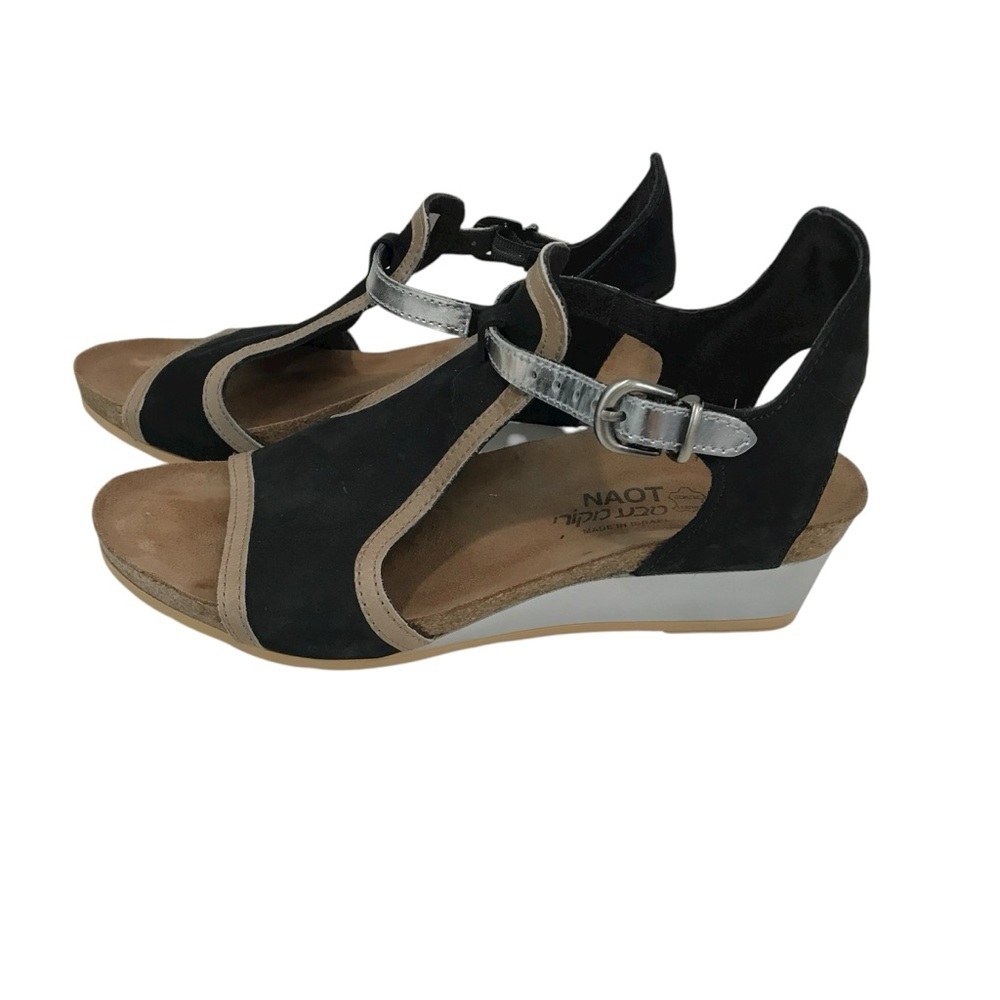 Naot Women's Fiona Sandals Size 37 6 Black Leather Wedge Heel Caged Shoe Open